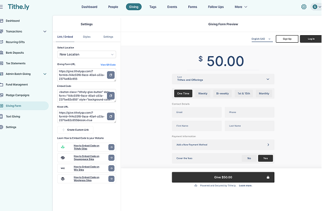 screenshot of Tithely Church Management